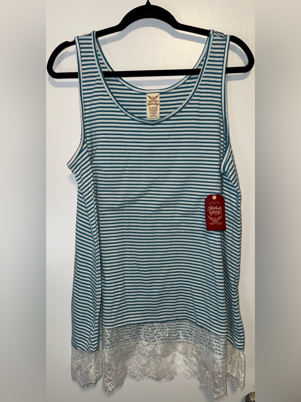 Faded Glory Teal & White Stripe Scoop Neck Tank With Lace Hem